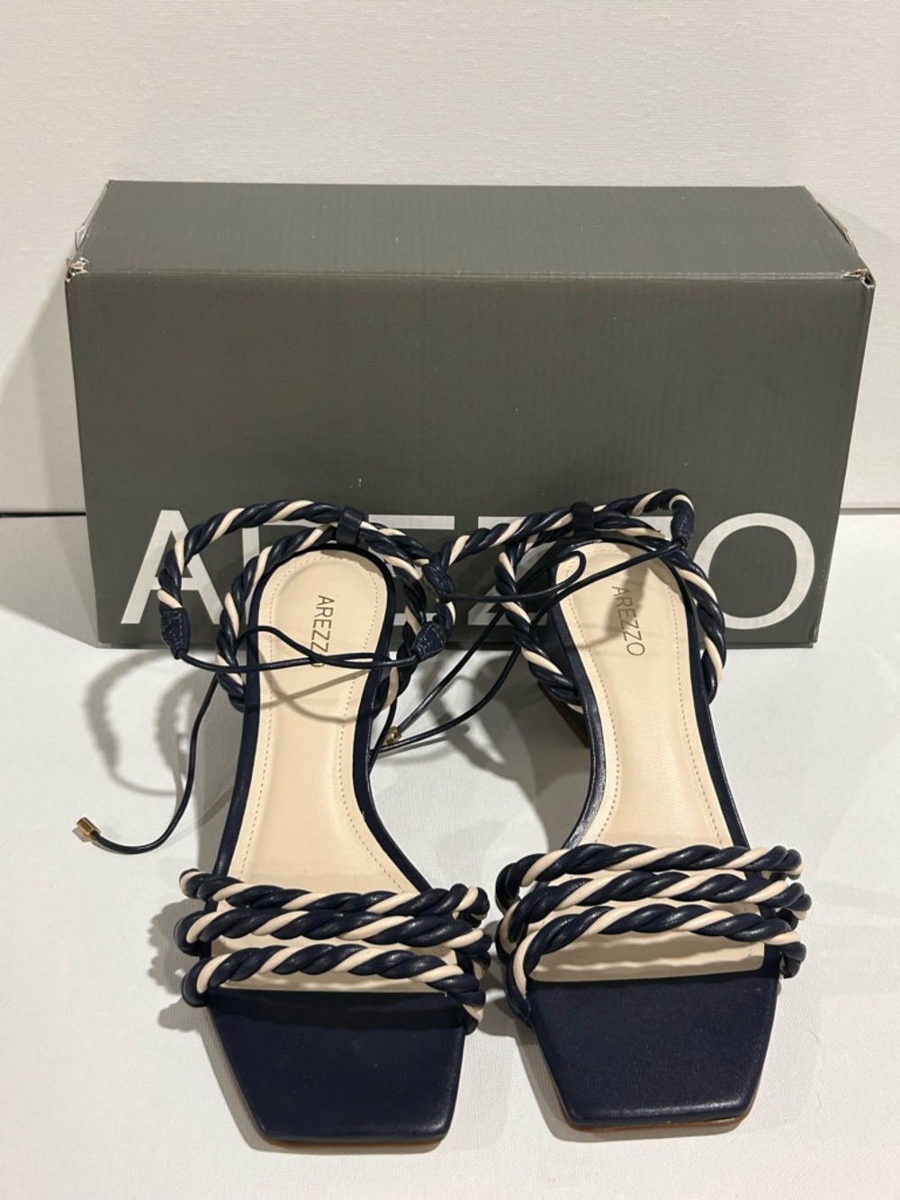 Arezzo Navy and Cream Braided Lace-Up Heeled Sandals